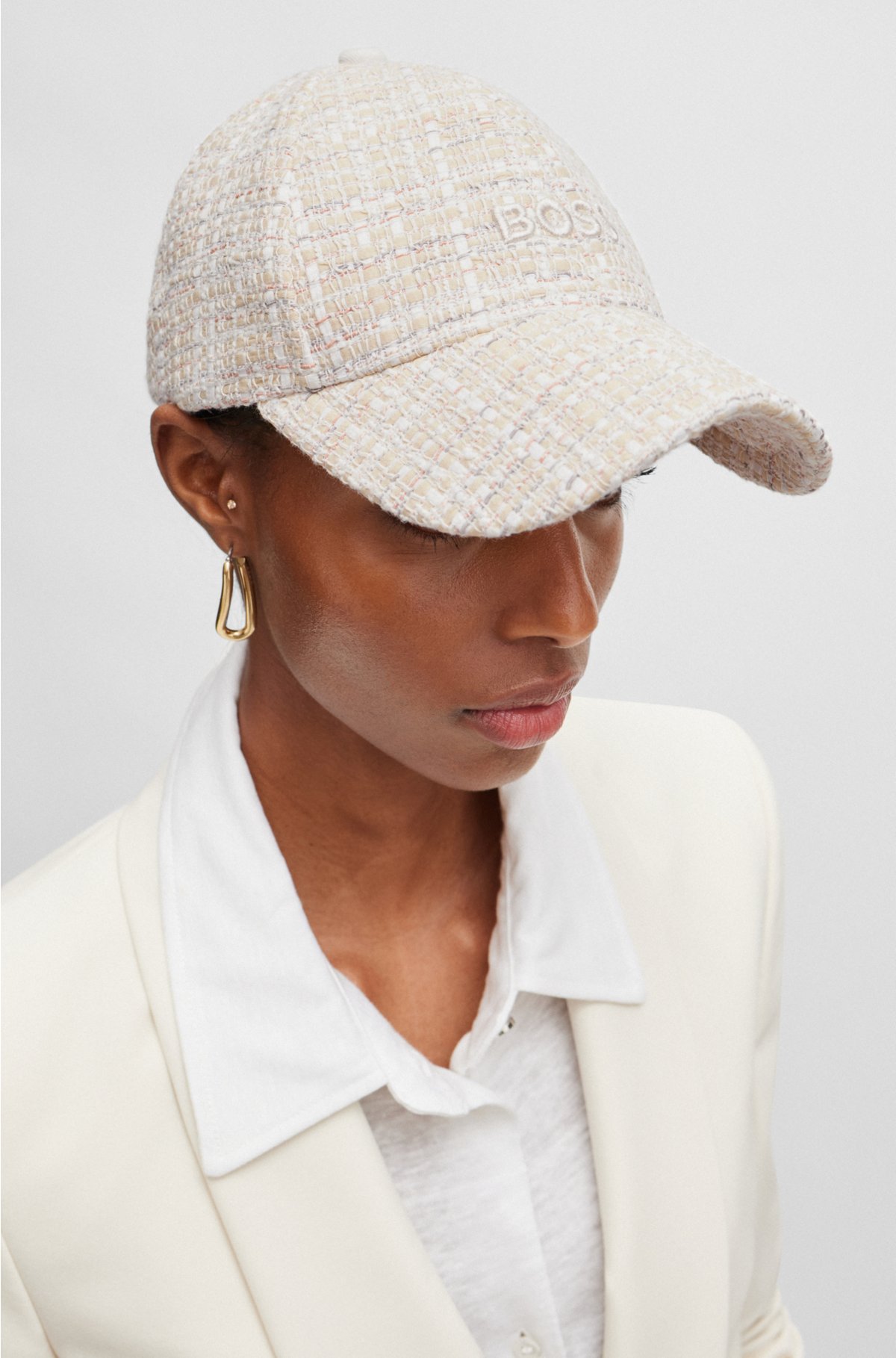 Italian-tweed cap with embroidered logo, Light Beige