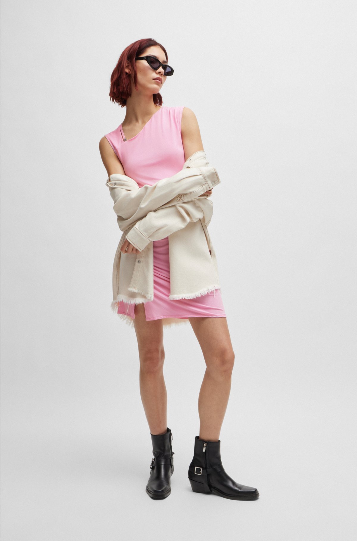 Slim-fit dress with asymmetric details and stacked logo, Pink