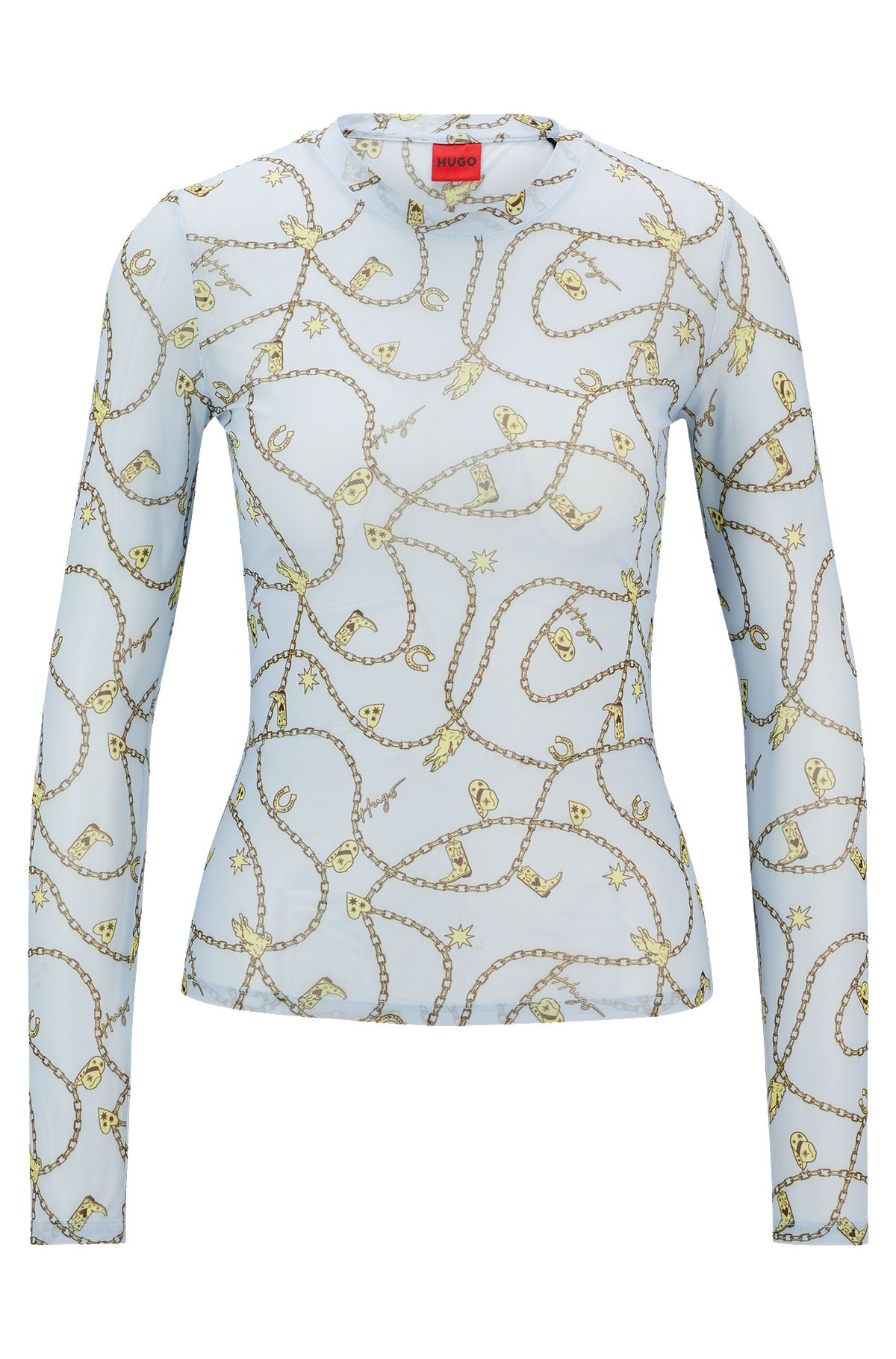 Long-sleeved top in stretch mesh with seasonal print, White Patterned