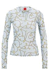 Long-sleeved top in stretch mesh with seasonal print, White Patterned