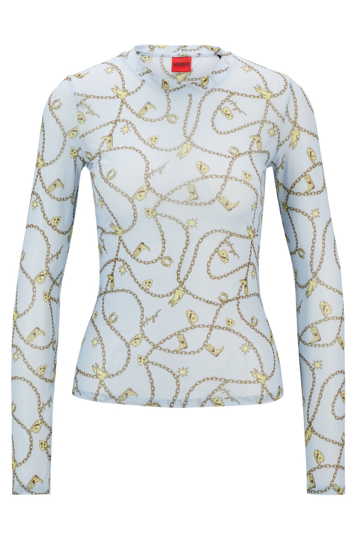 Long-sleeved top in stretch mesh with seasonal print, Patterned