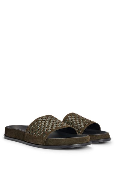 Mixed-leather slides with woven upper strap, Dark Green