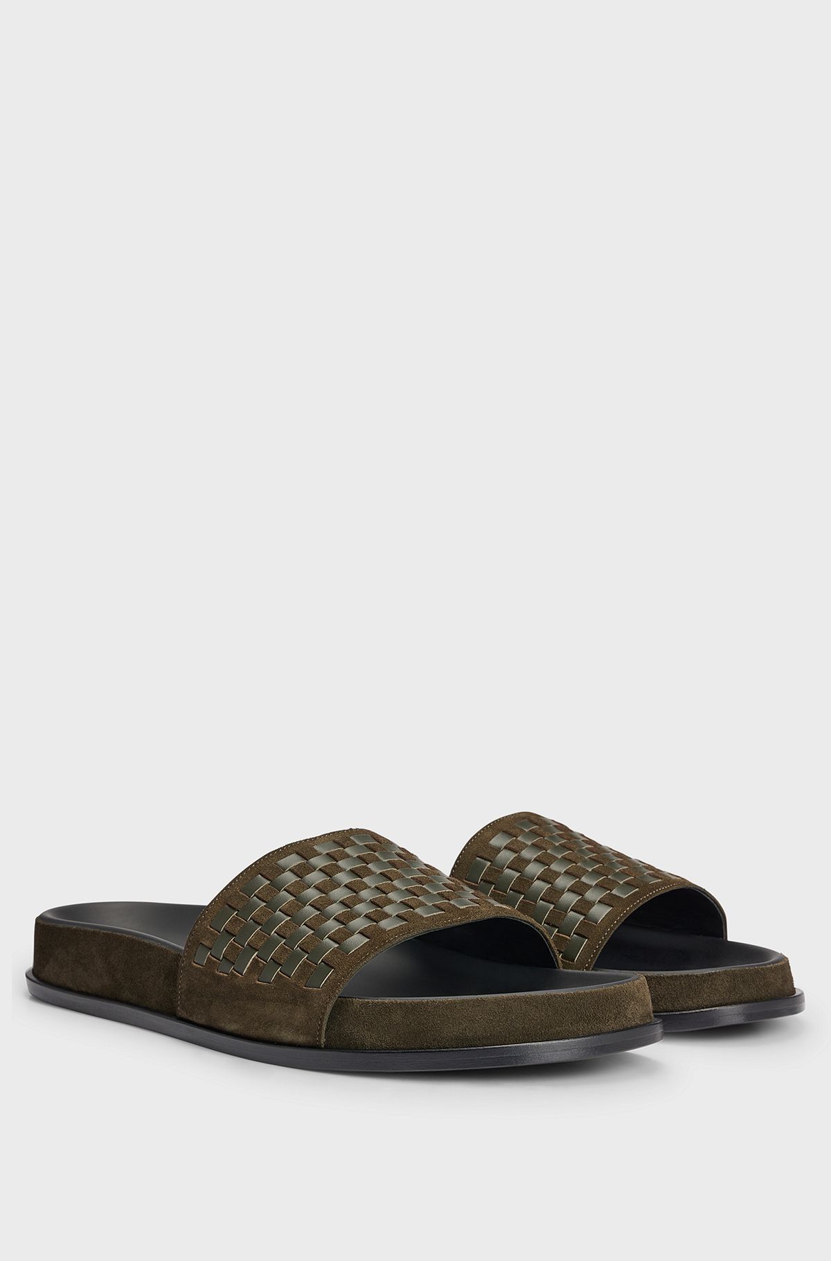 Mixed-leather slides with woven upper strap, Dark Green