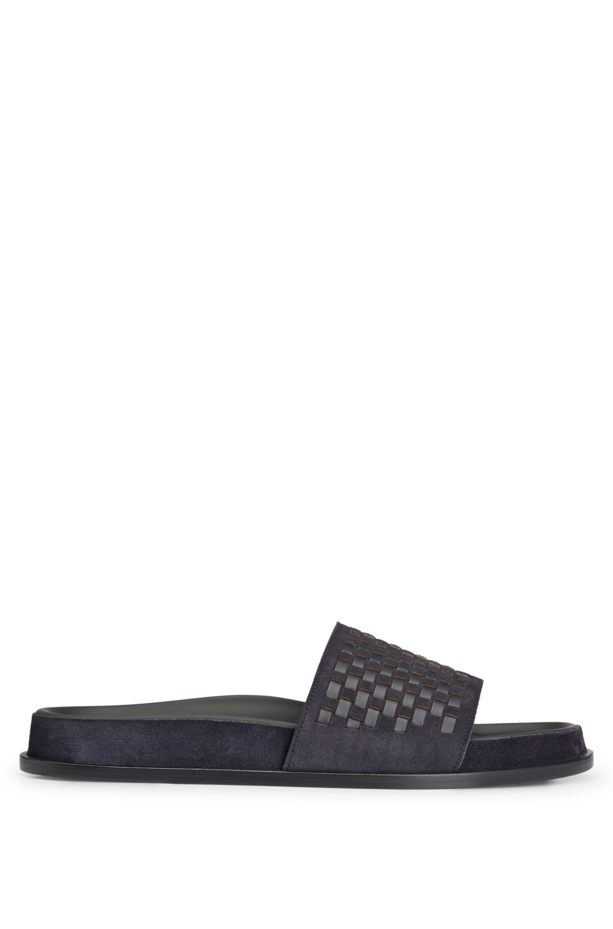 Mixed-leather slides with woven upper strap, Dark Blue
