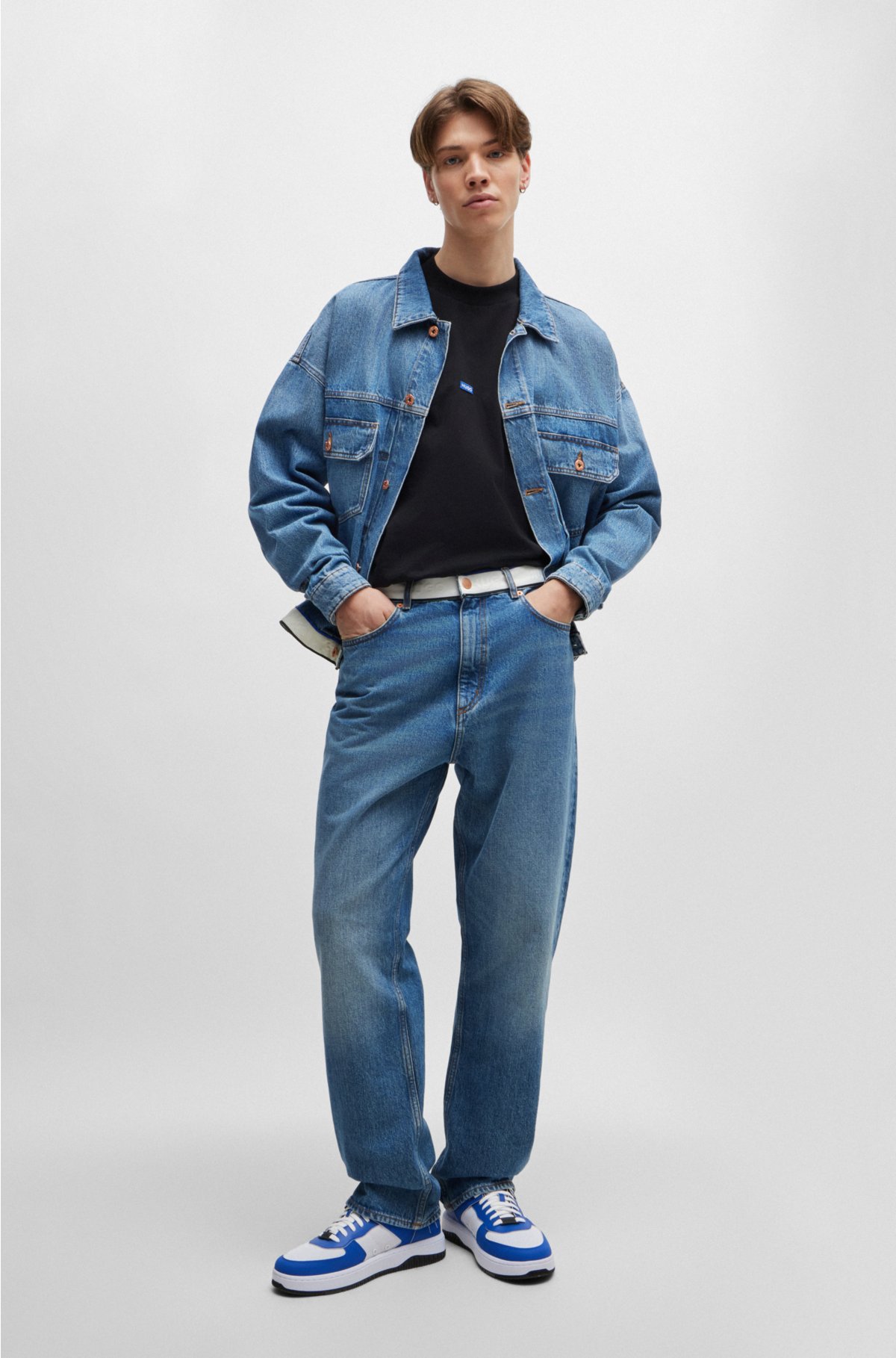 Mid-blue denim jeans with logo-tape waist, Blue