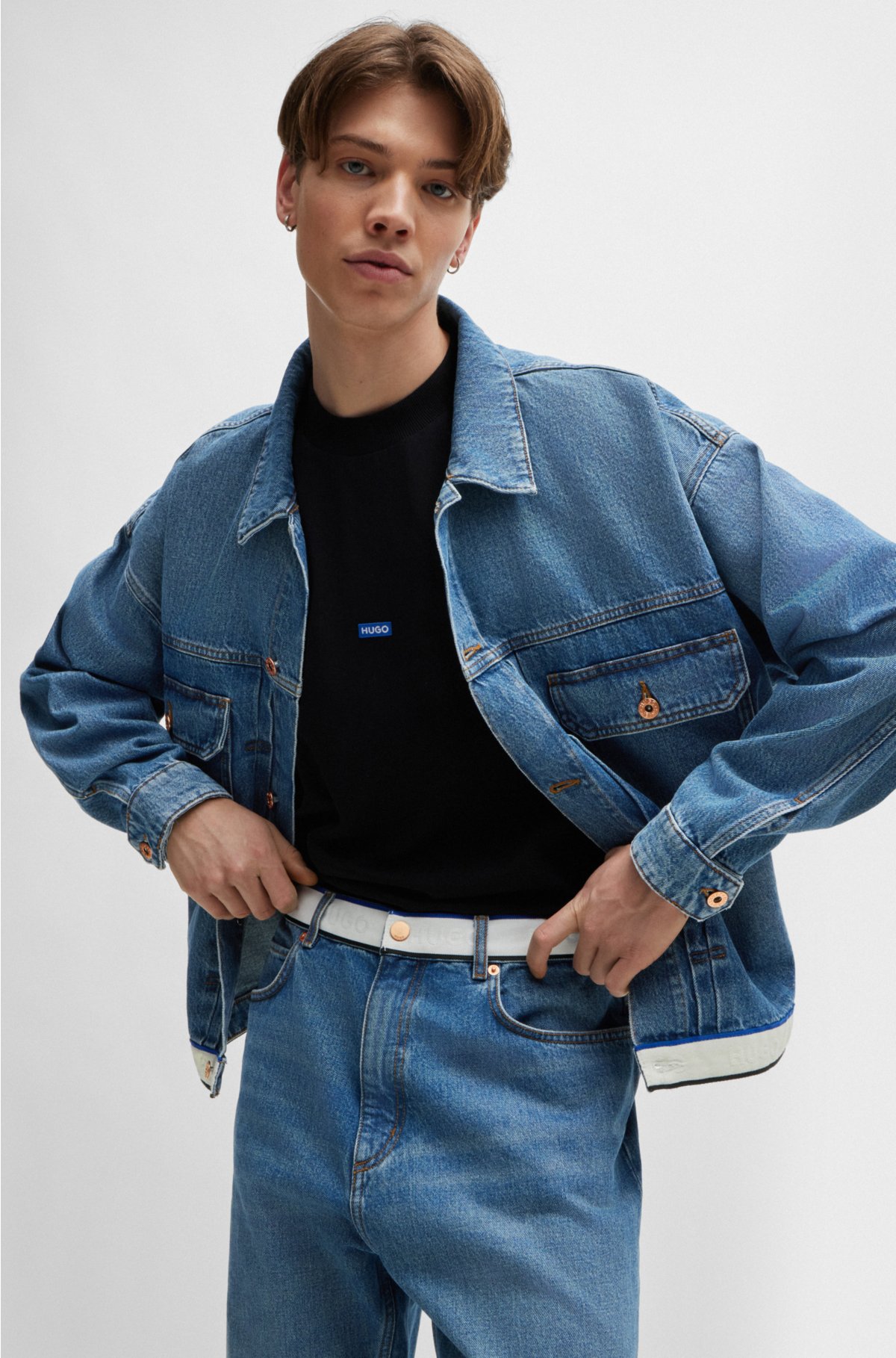 Mid-blue denim jeans with logo-tape waist, Blue