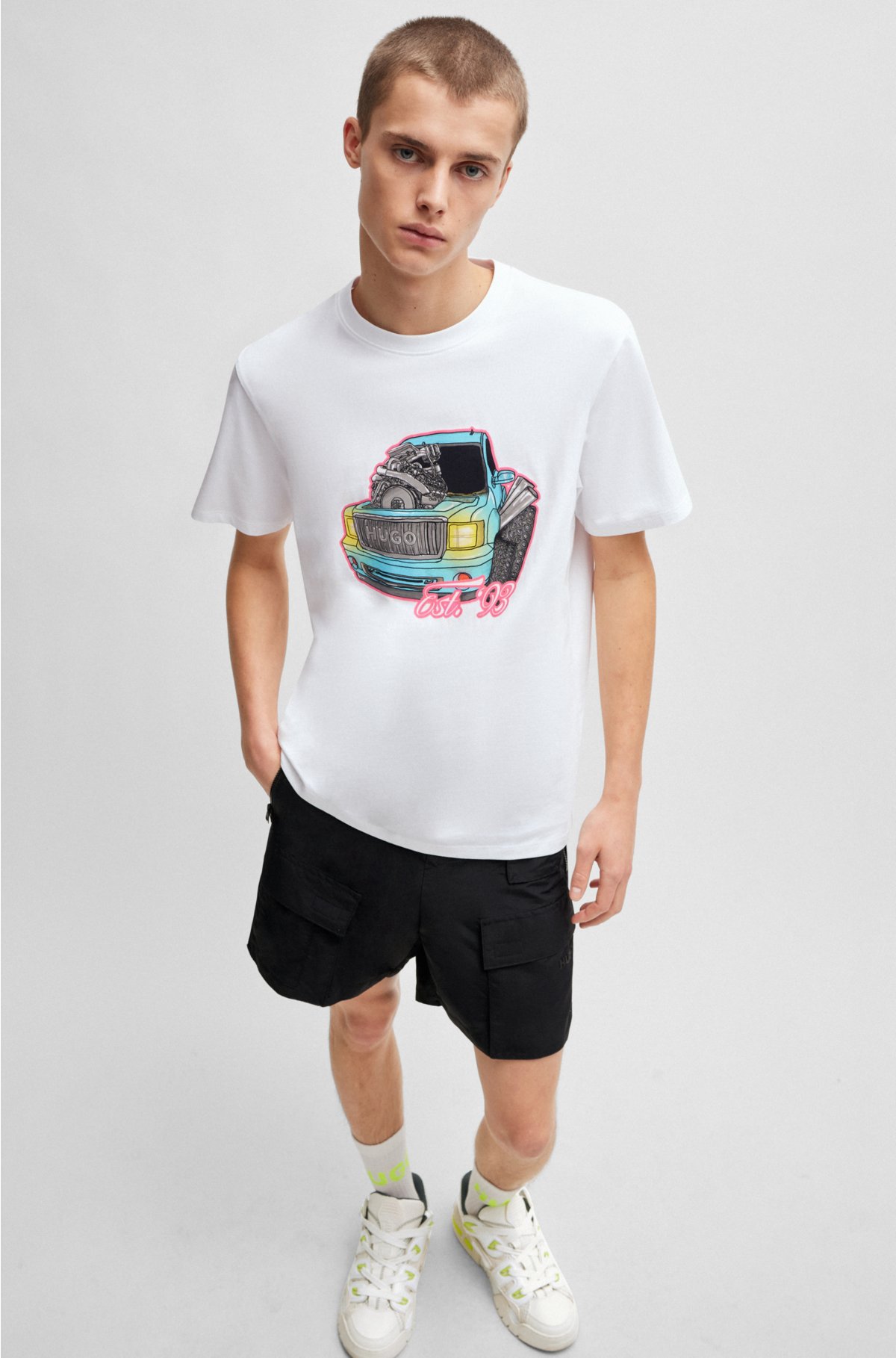 Relaxed-fit T-shirt in cotton with car artwork, White