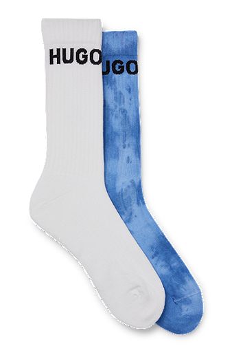 Two-pack of cotton-blend short socks with logos, White / Blue