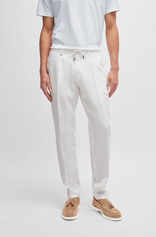 Slim-fit trousers in linen with tie waist, White