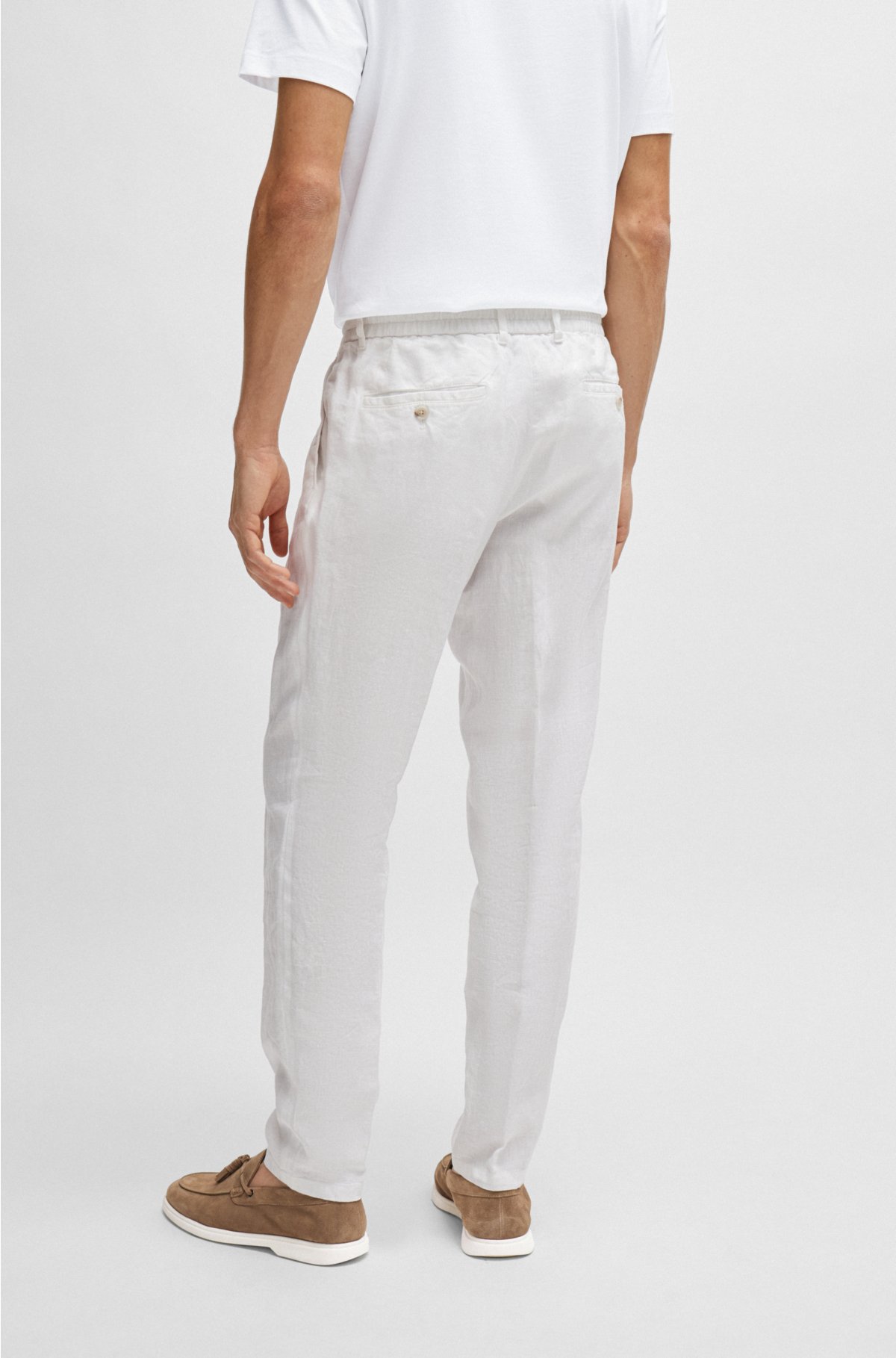 Slim-fit trousers in linen with tie waist, White