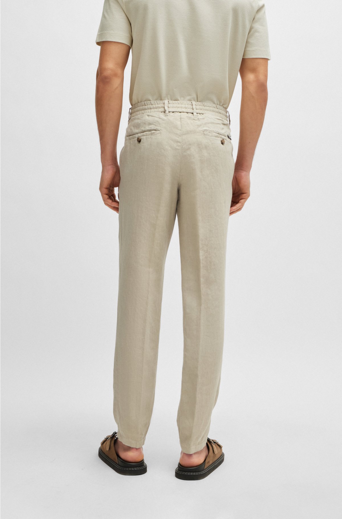 Slim-fit trousers in linen with tie waist, Light Brown