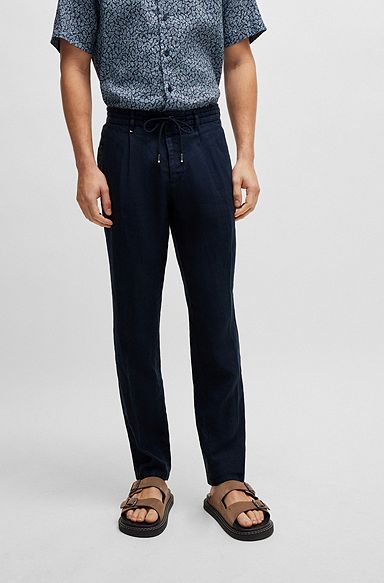 Pantalon Slim Fit en lin avec lien à la taille, Bleu foncé