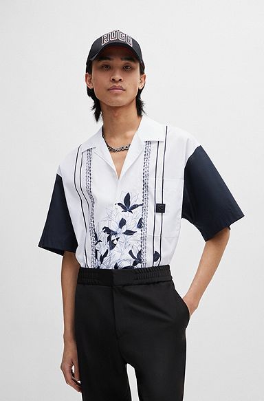 Oversized-fit cotton shirt with floral and chain print, White