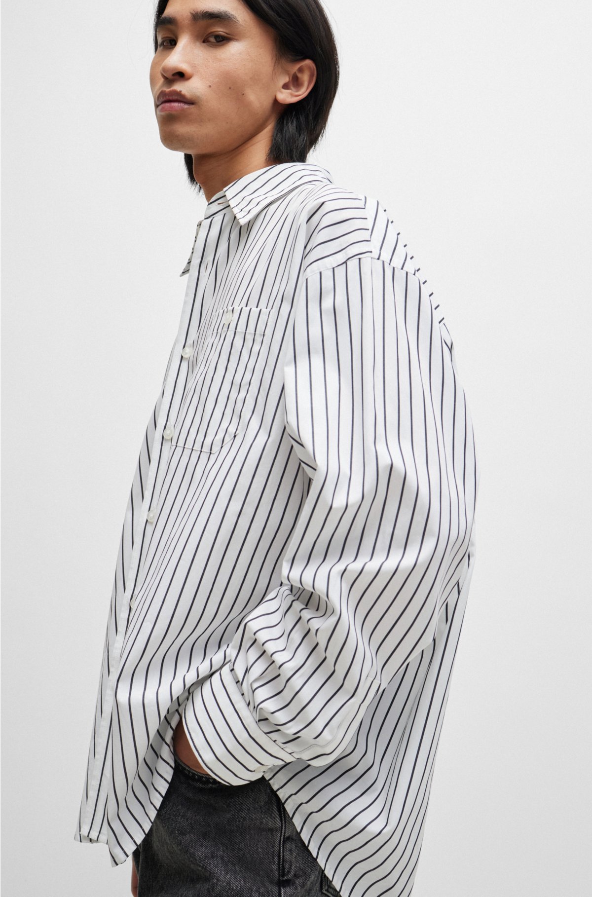 Oversized-fit shirt in striped cotton poplin, White