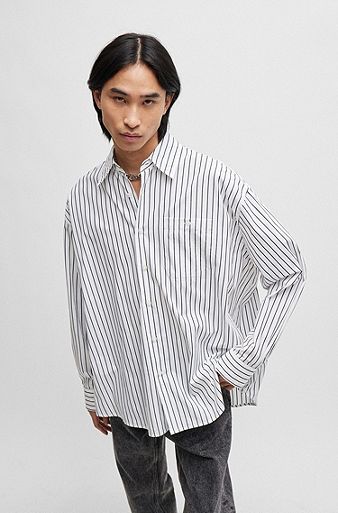 Oversized-fit shirt in striped cotton poplin, White