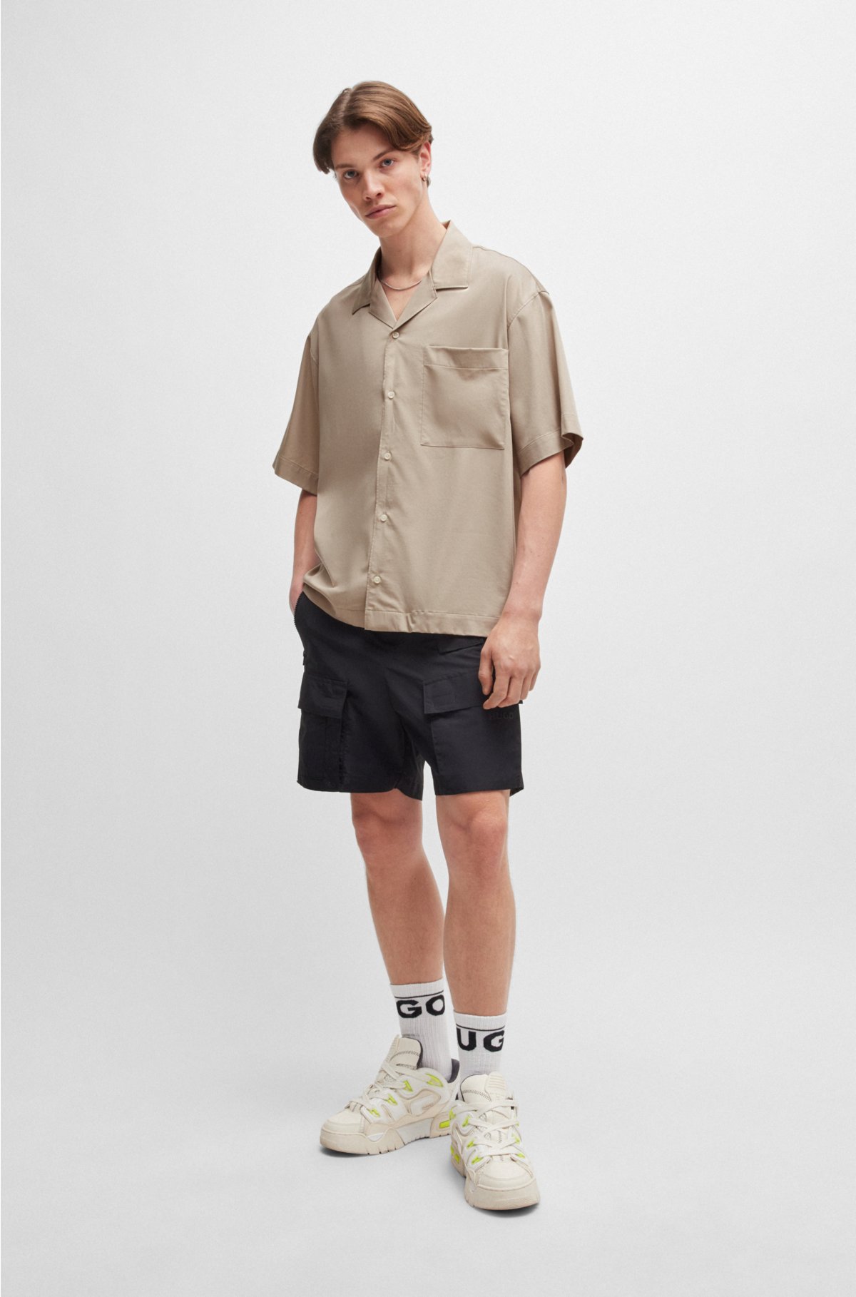 Oversized-fit short-sleeved shirt in fluent canvas, Beige