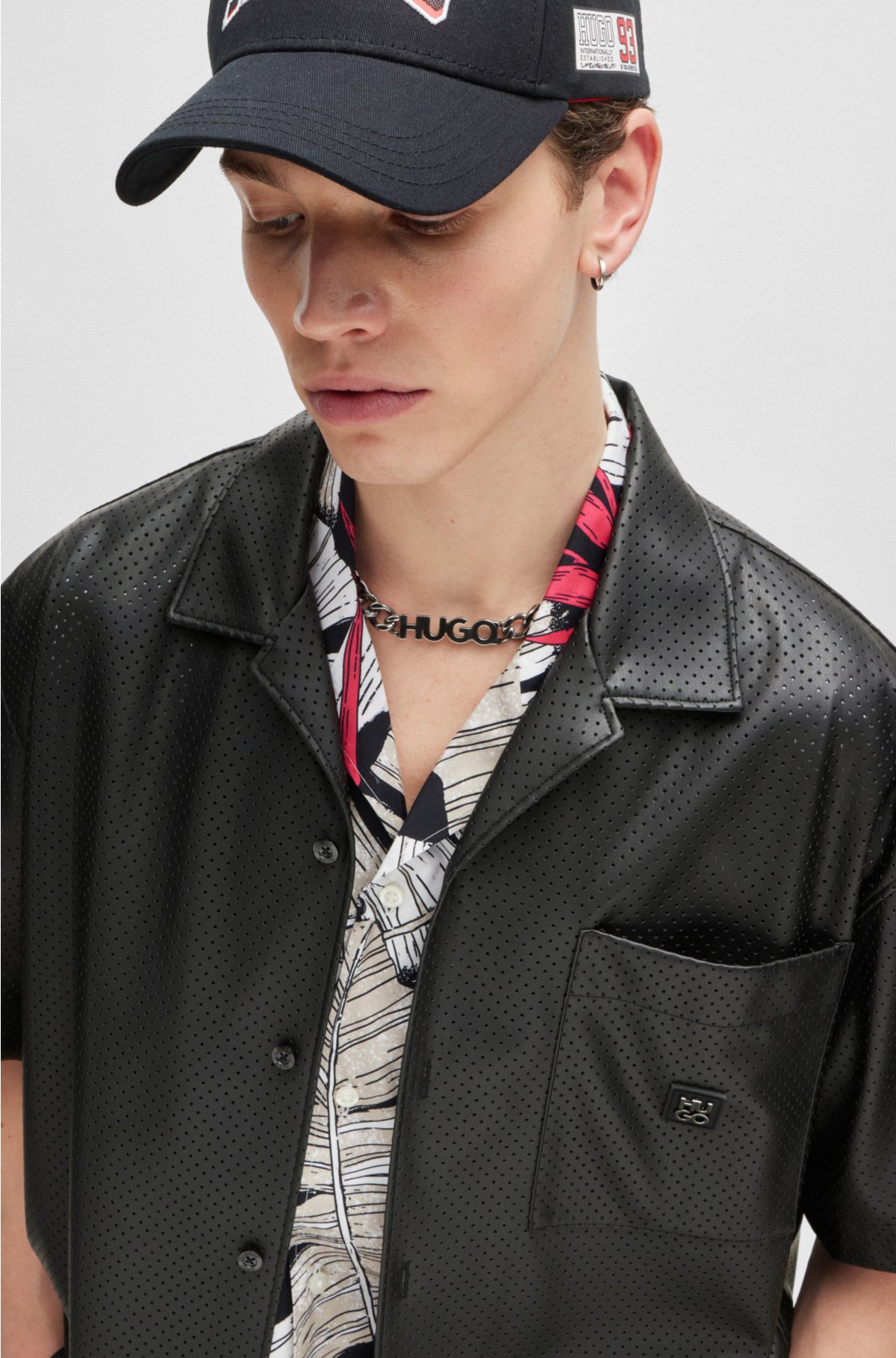 Oversized-fit shirt in perforated faux leather, Black