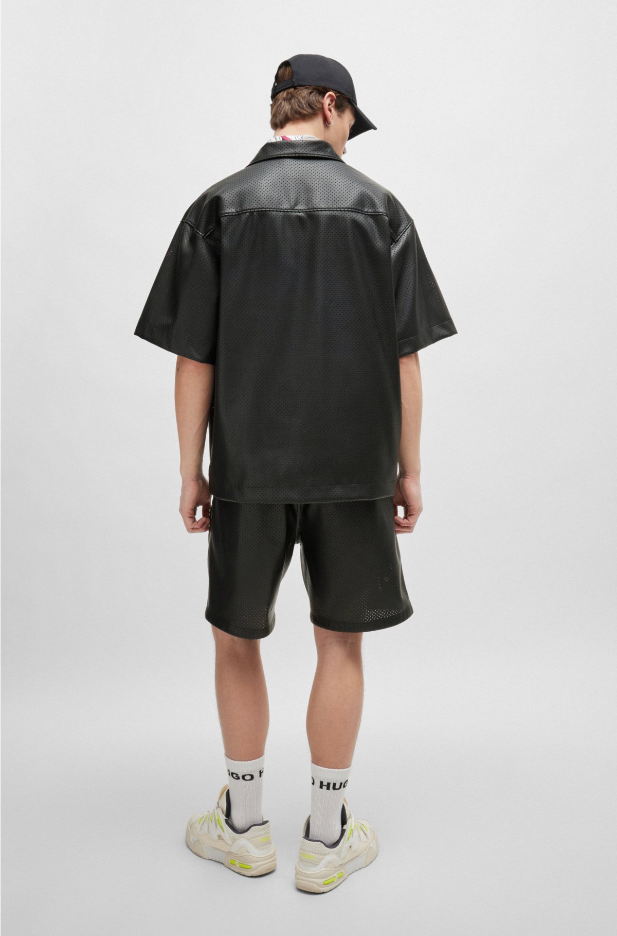 Oversized-fit shirt in perforated faux leather, Black