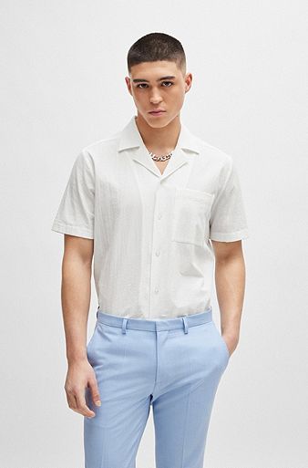 Relaxed-fit shirt in stretch-cotton seersucker, White