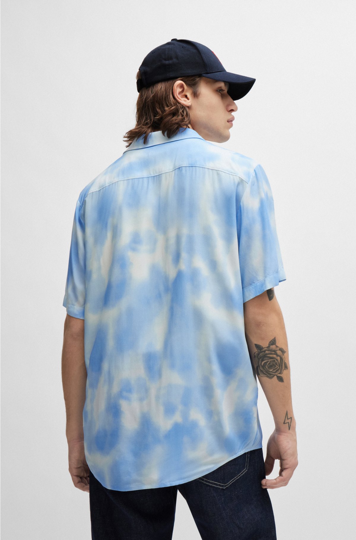 Relaxed-fit shirt in seasonal printed canvas, Light Blue