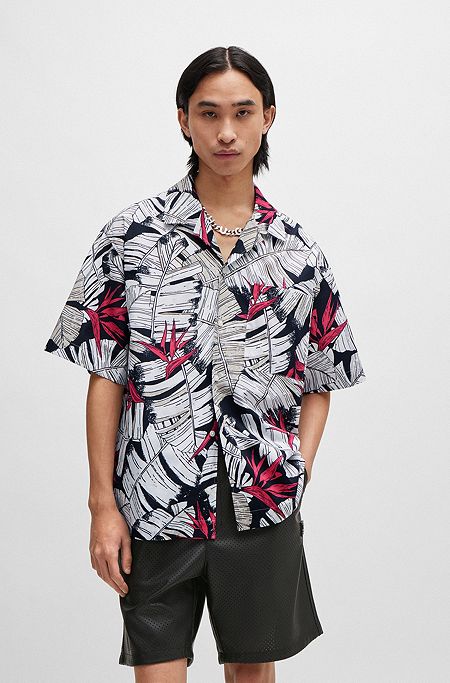 Oversized-fit overhemd van katoenen popeline met nieuwe print, Lichtgrijs