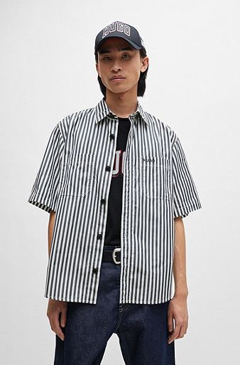 Oversized-fit shirt in striped cotton chambray, Dark Blue