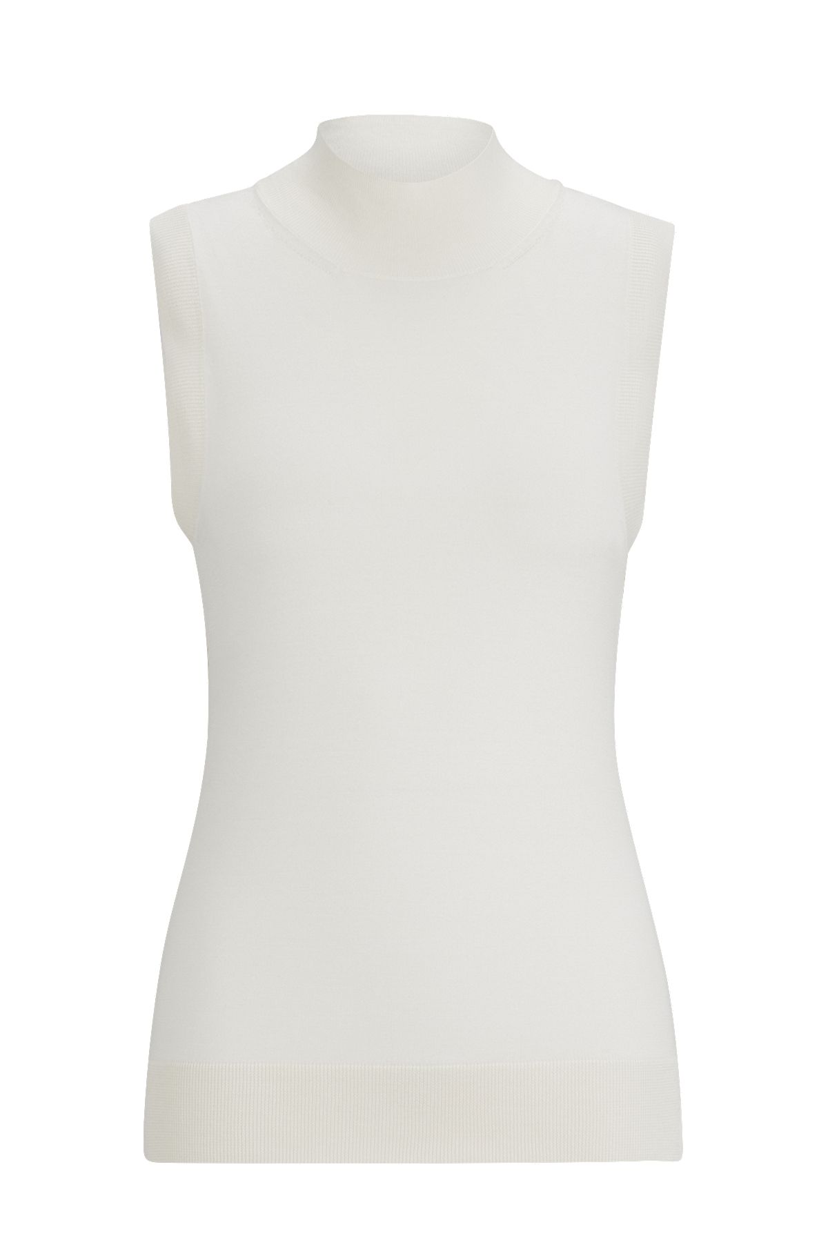 Sleeveless top in silk with mock neckline, White
