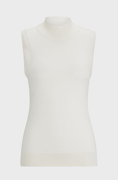 Sleeveless top in silk with mock neckline, White