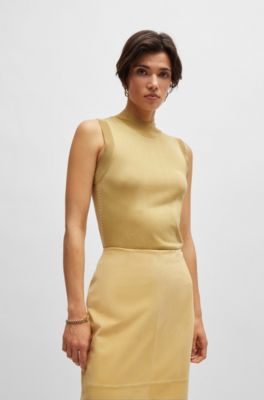 BOSS - Sleeveless top in silk with mock neckline - Yellow
