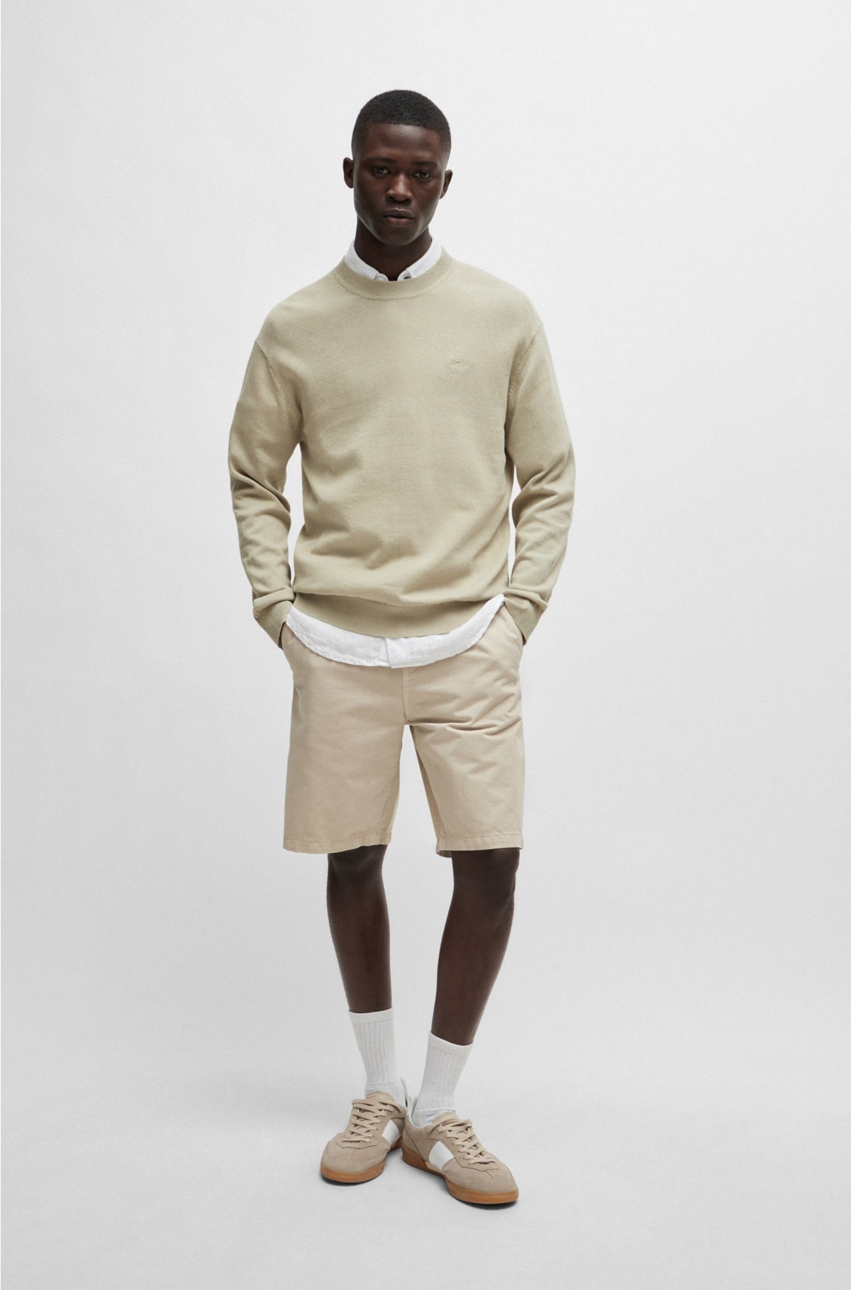 Cotton-linen relaxed-fit sweater with logo detail, Natural