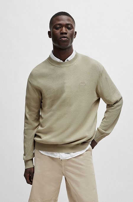 Cotton-linen relaxed-fit sweater with logo detail, Natural