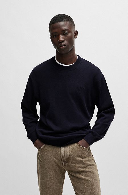 Cotton-linen relaxed-fit sweater with logo detail, Dark Blue
