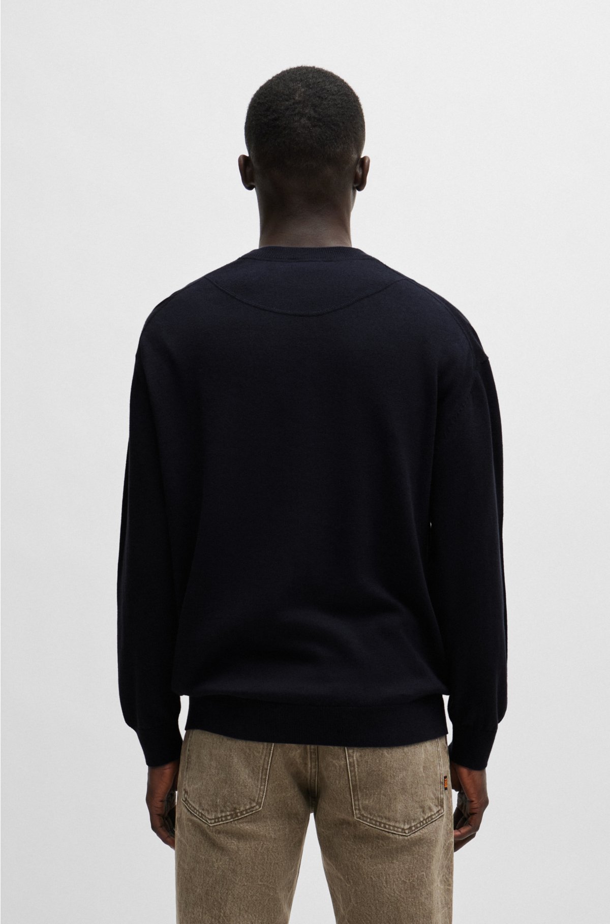 Cotton-linen relaxed-fit sweater with logo detail, Dark Blue