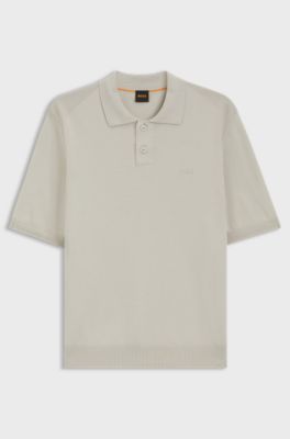 Cotton-blend polo sweater with embroidered logo, Light Beige