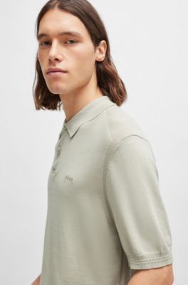 Cotton-blend polo sweater with embroidered logo, Light Beige