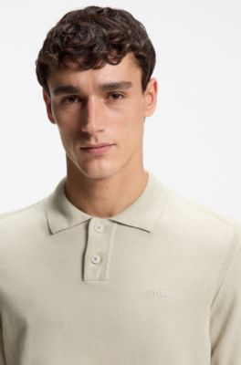 Cotton-blend polo sweater with embroidered logo, Light Beige