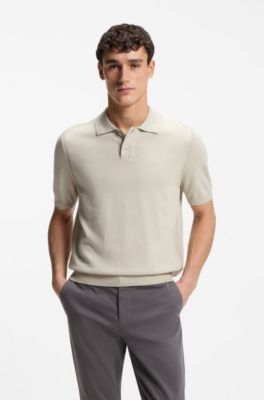 Cotton-blend polo sweater with embroidered logo, Light Beige