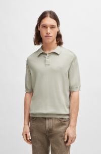 Short-sleeved cotton-blend knit polo with embroidered logo, Light Beige