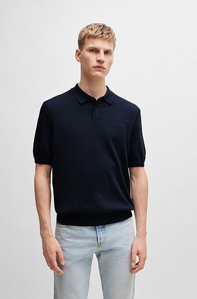 Short-sleeved cotton-blend polo sweater with embroidered logo, Dark Blue