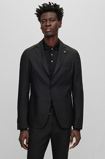 Slim-fit jacket in linen with partial lining, Black