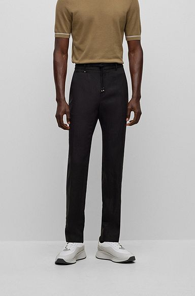 Slim-fit trousers in linen with drawcord waist, Black
