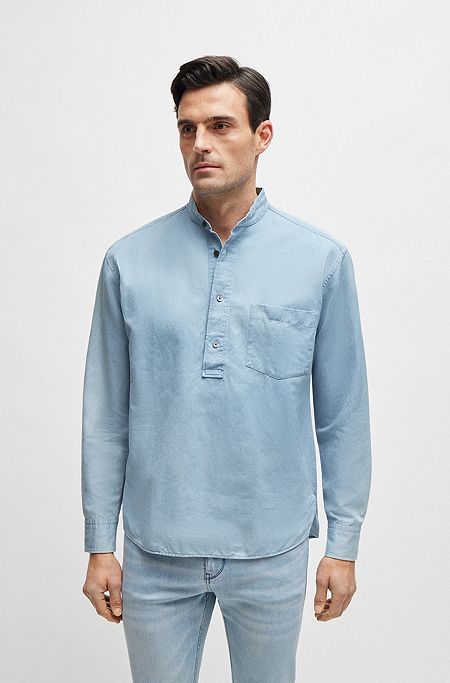 Regular-fit popover shirt in cotton and linen, Light Blue