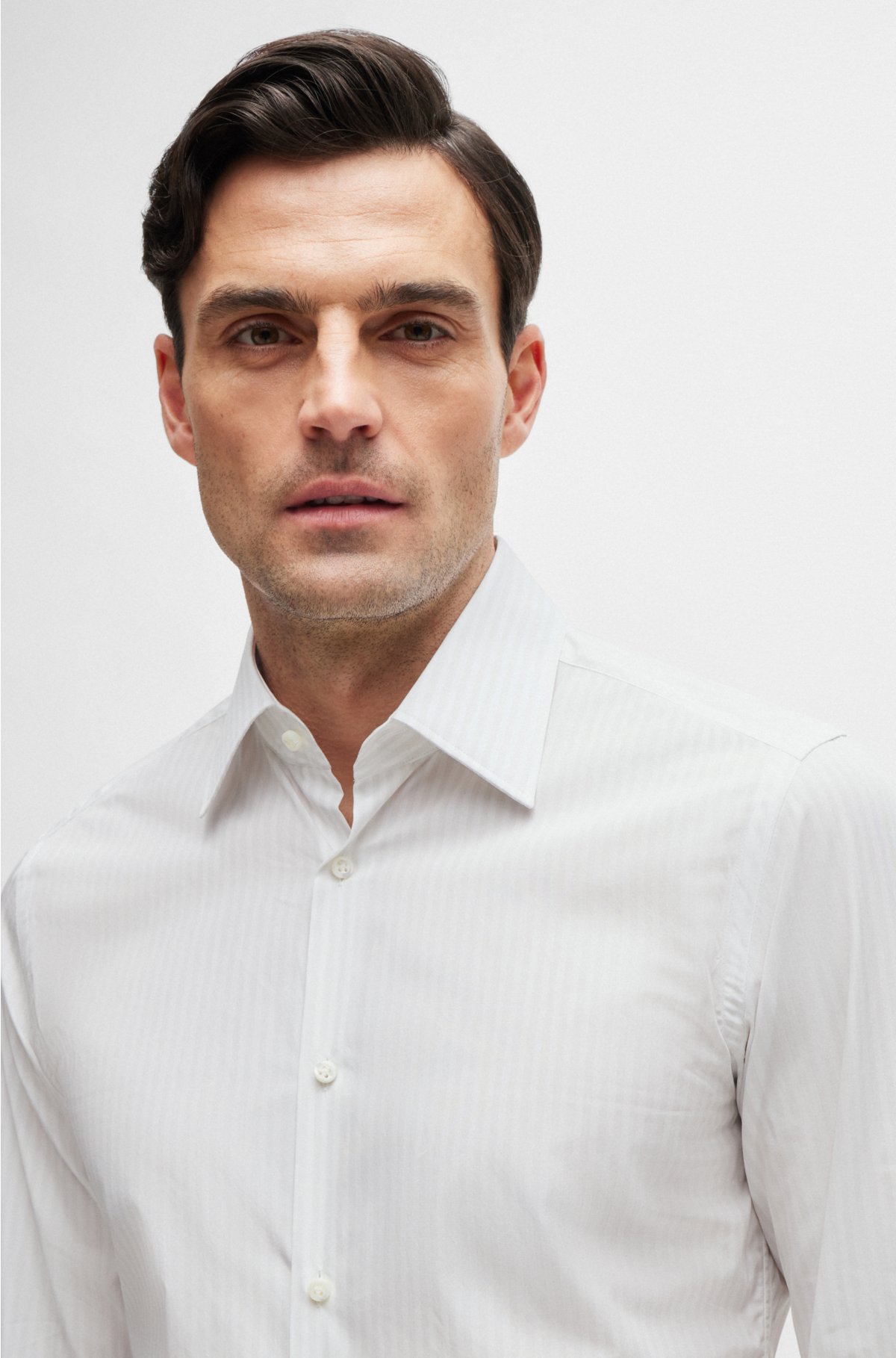 Slim-fit shirt in striped cotton, Light Grey