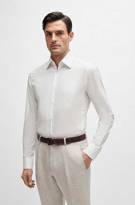 Gestreiftes Slim-Fit Hemd aus Baumwolle, Hellgrau