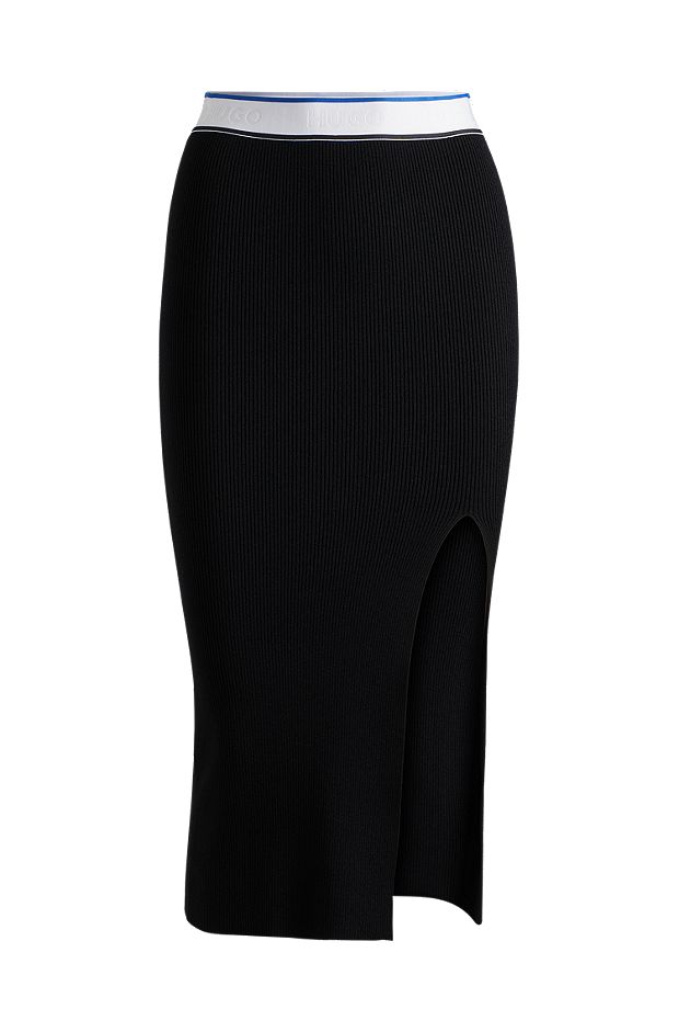 Gebreide slim-fit rok met logotailleband, Zwart