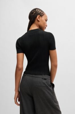 Maglione a coste irregolari con collo a lupetto, Nero