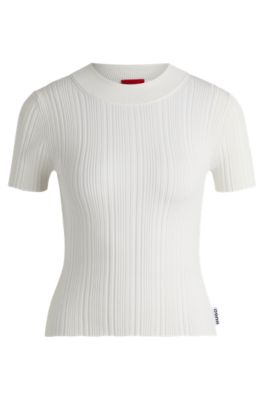 Mock-neck knit t-shirt with irregular ribbing, White