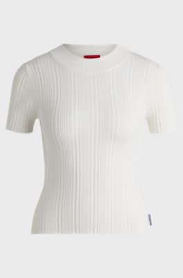 Mock-neck knit t-shirt with irregular ribbing, White