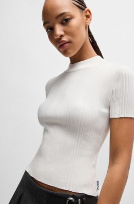 Mock-neck knit t-shirt with irregular ribbing, White