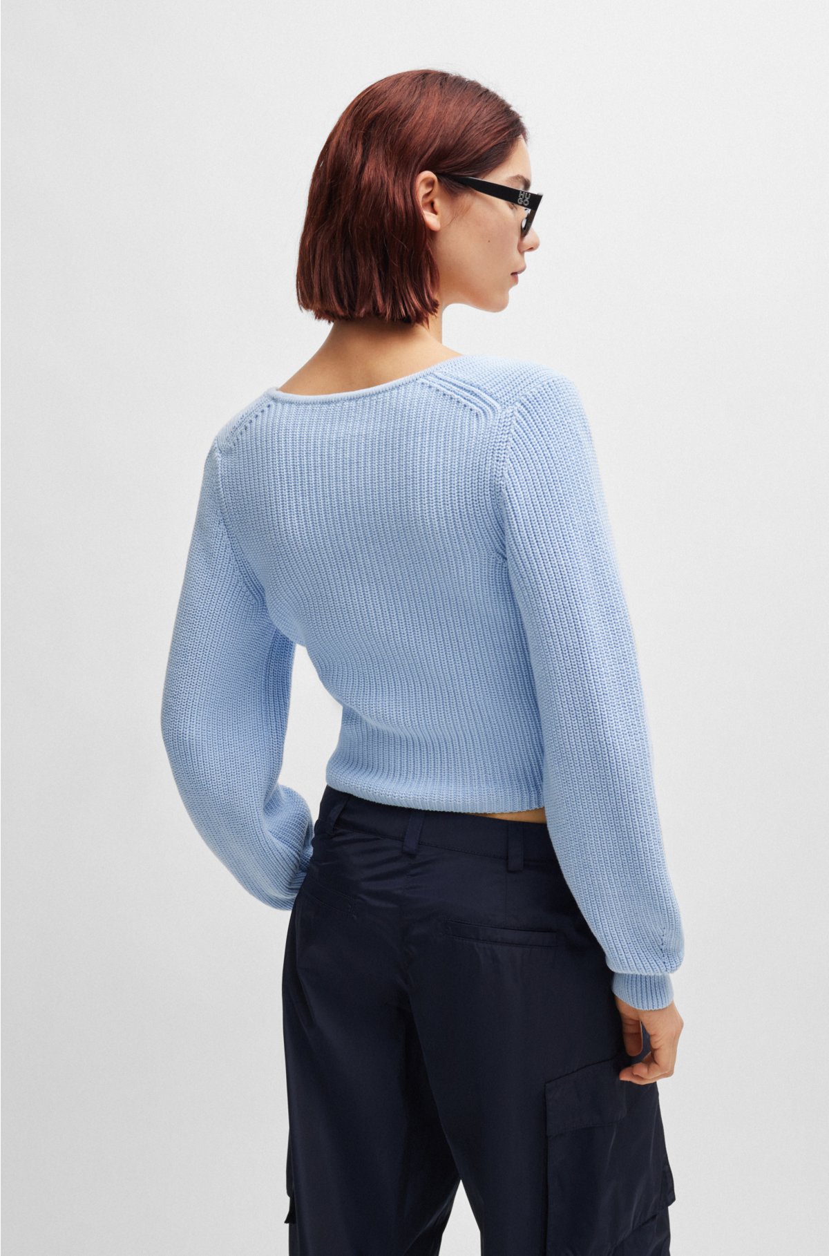 Regular-fit sweater in cotton with logo flag, Light Blue